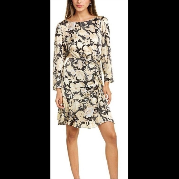 Rebecca Taylor Dress Women Size 10 Silk Gold Leaf Scrunched Tie Mini Ruched T - Picture 2 of 11